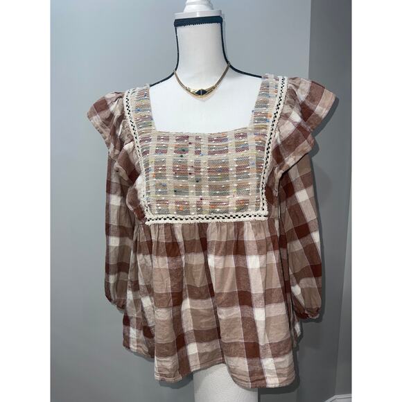 Entro “Corrine” Women’s Boho Plaid Blouse Size Large 100% cotton - Picture 1 of 14